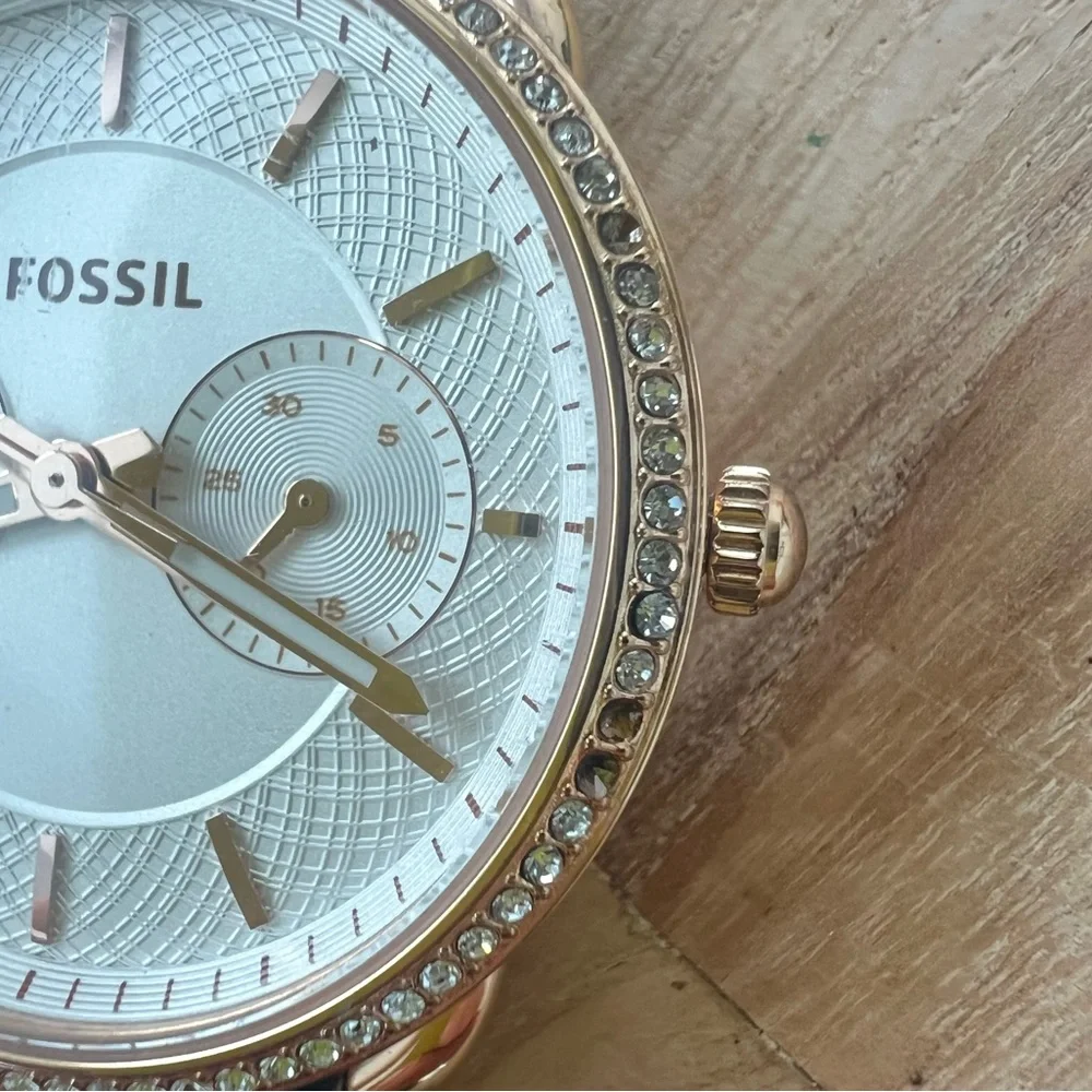 Fossil Tailor ladies rose gold tone leather dress watch NEW BATTERY